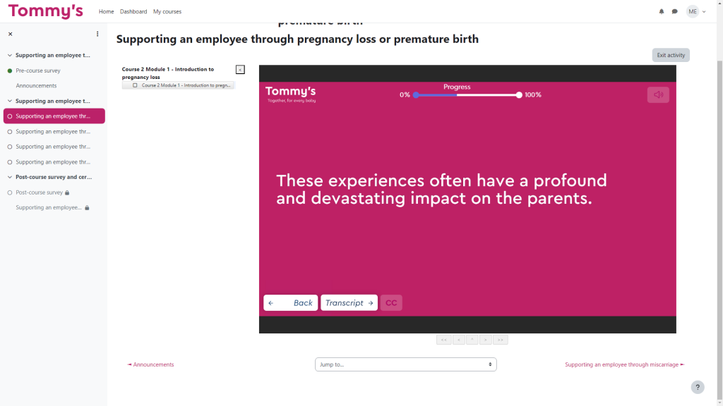 Moodle LMS example for Tommy's charity